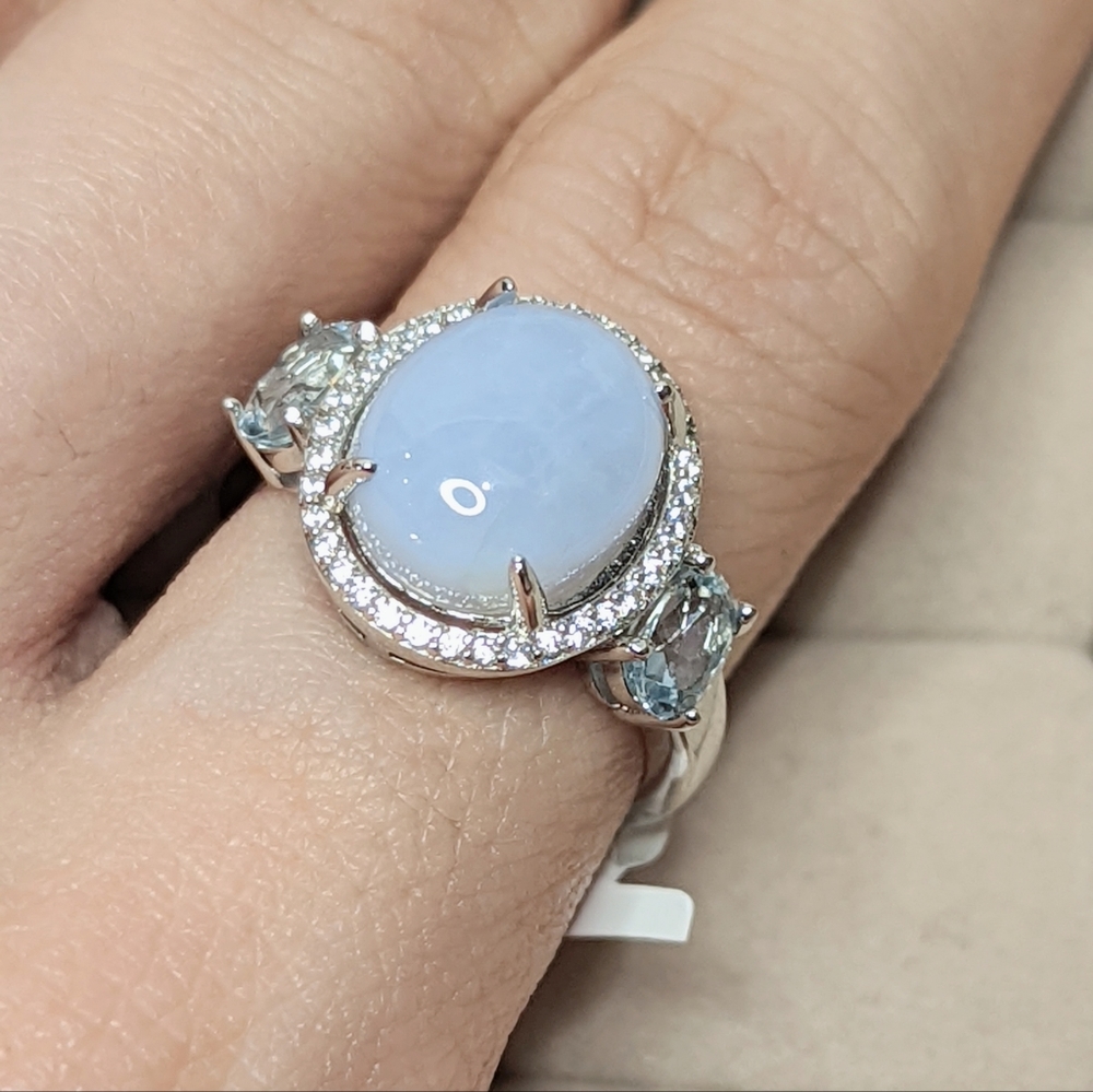 Blue chalcedony and sky blue topaz ring set in rhodium plated sterling silver.